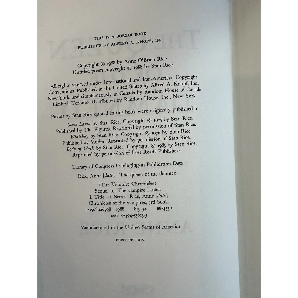 Queen of the Damned Anne Rice 1988 True First Edition 1st Print Hardcover DJ VG